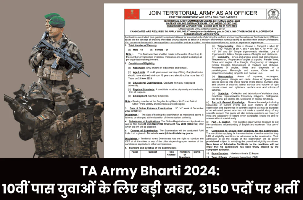 TA Army Bharti 2024 10वीं पास युवाओं के लिए बड़ी खबर, 3150 पदों पर भर्ती